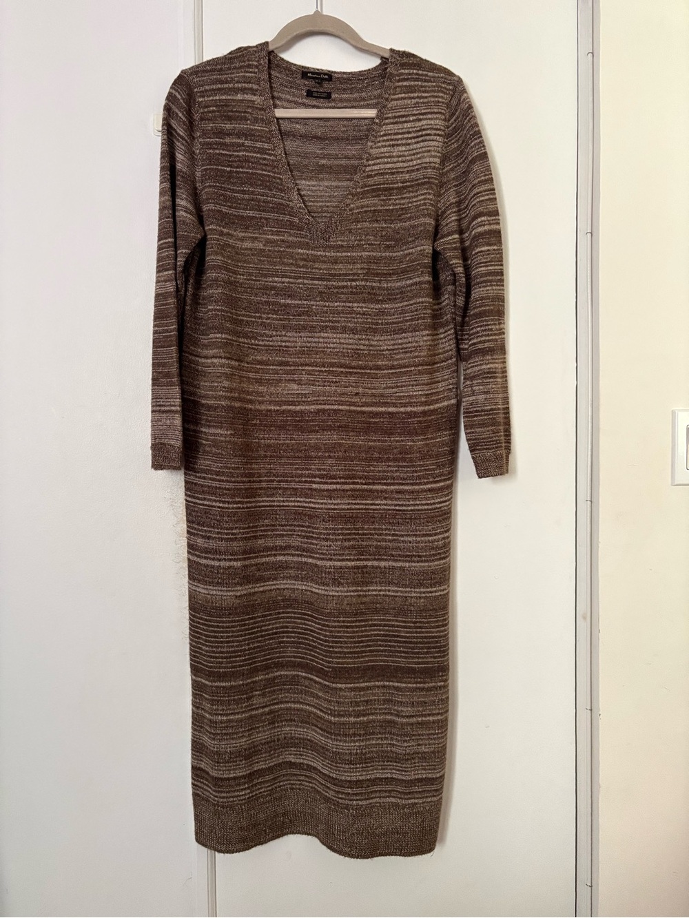 Massimo Dutti Striped Brown Italian Wool Knit V-Neck Column Midi Dress